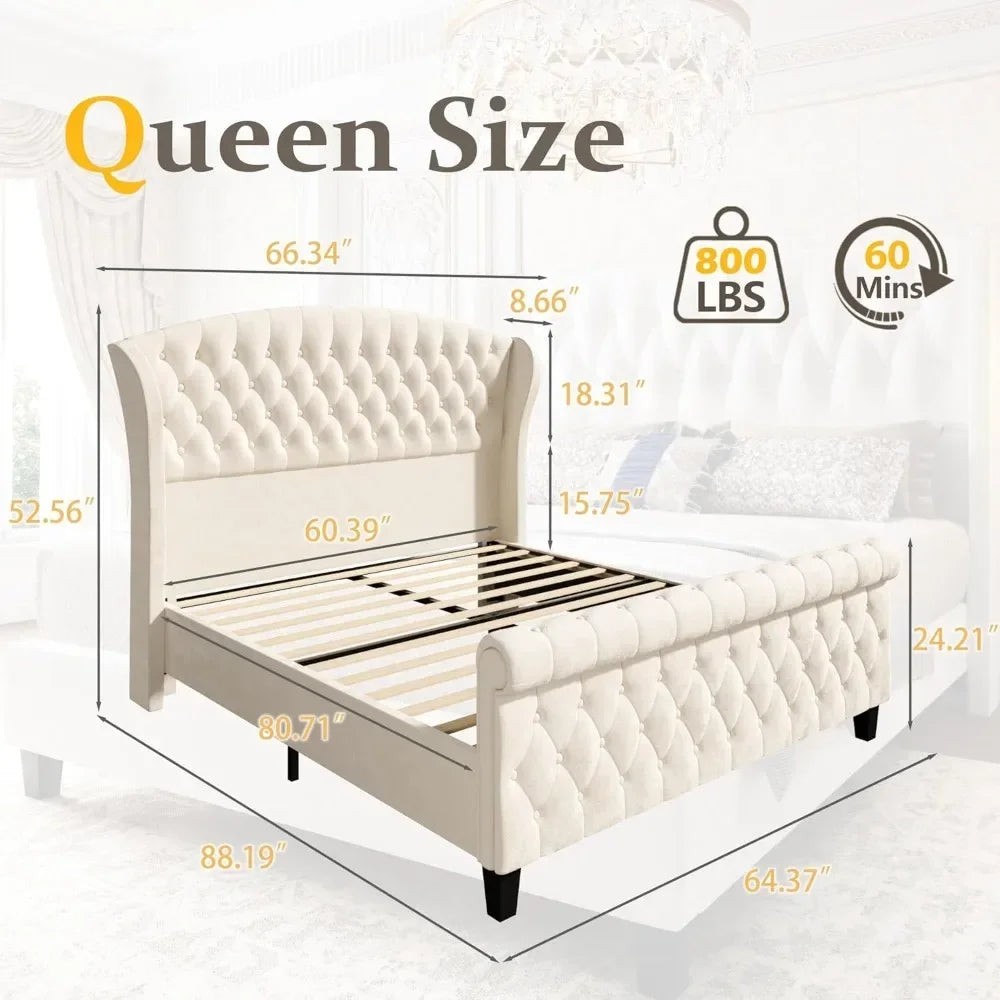 Queen Platform Bed Frame, 52.5" Tall Velvet Upholstered Sleigh Bed with Scroll Wingback Headboard & Footboard