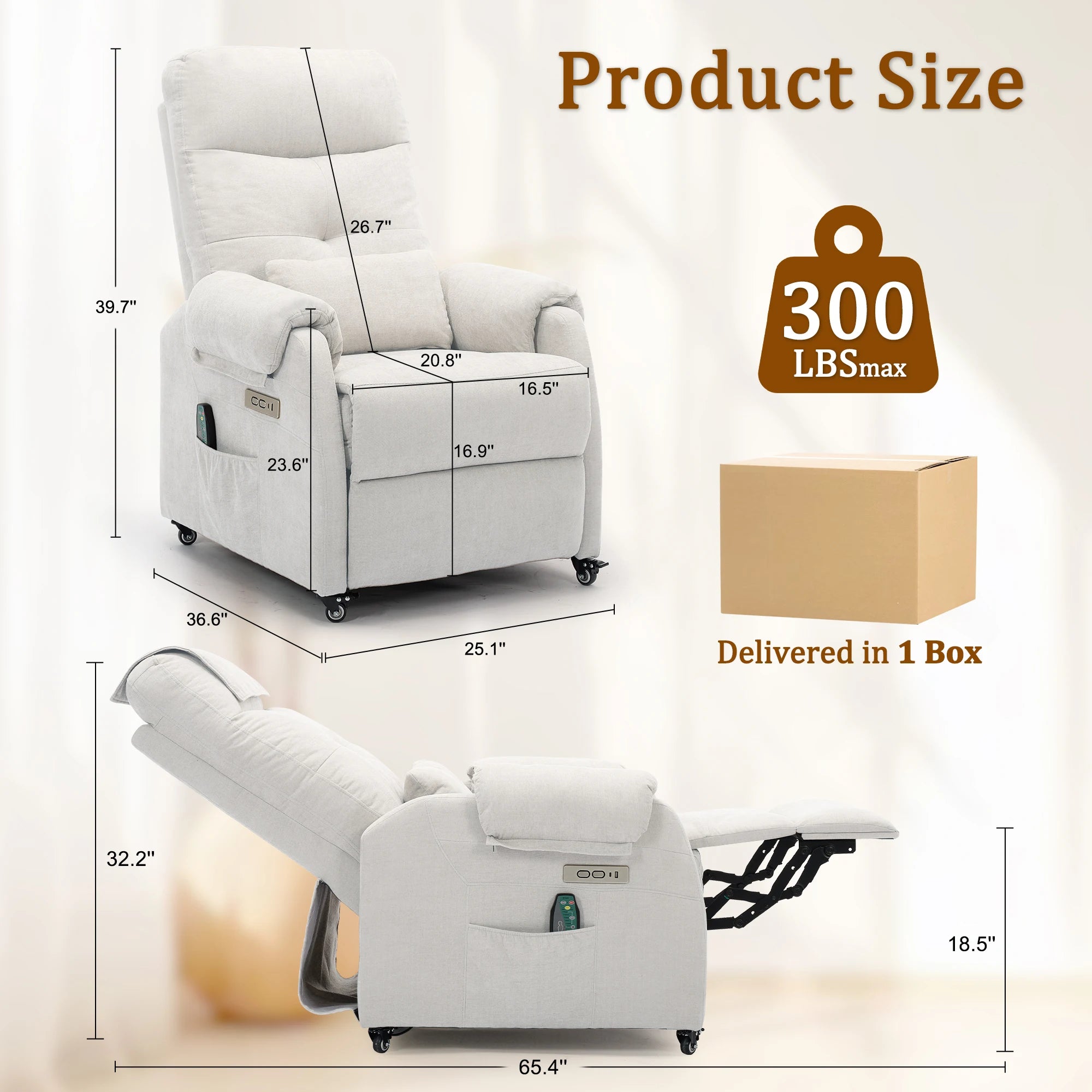 Power Small Recliner Chair for Small Spaces with Wheels and USB Ports