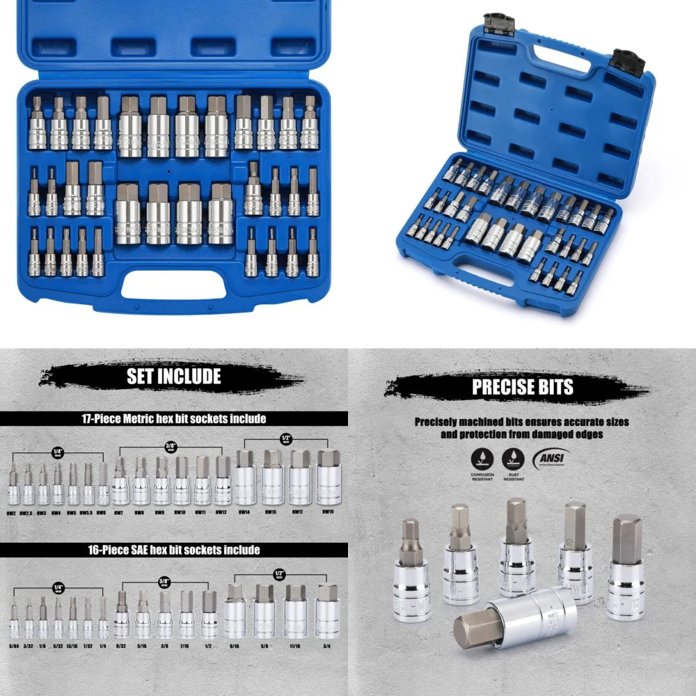33 Piece Hex Bit Socket Set 1/4, 3/8, 1/2 Drive SAE Metric Allen Wrench Tool Kit