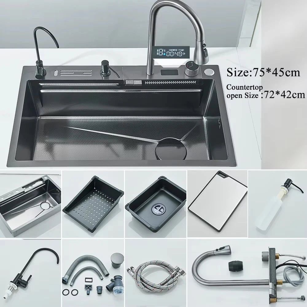 304 Stainless Steel Waterfall Kitchen Sink Large Single Slot