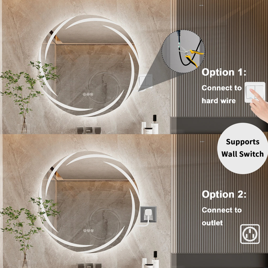 60/80CM LED Bathroom Mirror Circle Backlit HD Wall Antifog Vanity Mirror Shatterproof 3 Colors Lights Dimmable