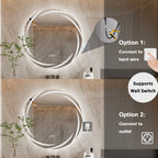 60/80CM LED Bathroom Mirror Circle Backlit HD Wall Antifog Vanity Mirror Shatterproof 3 Colors Lights Dimmable
