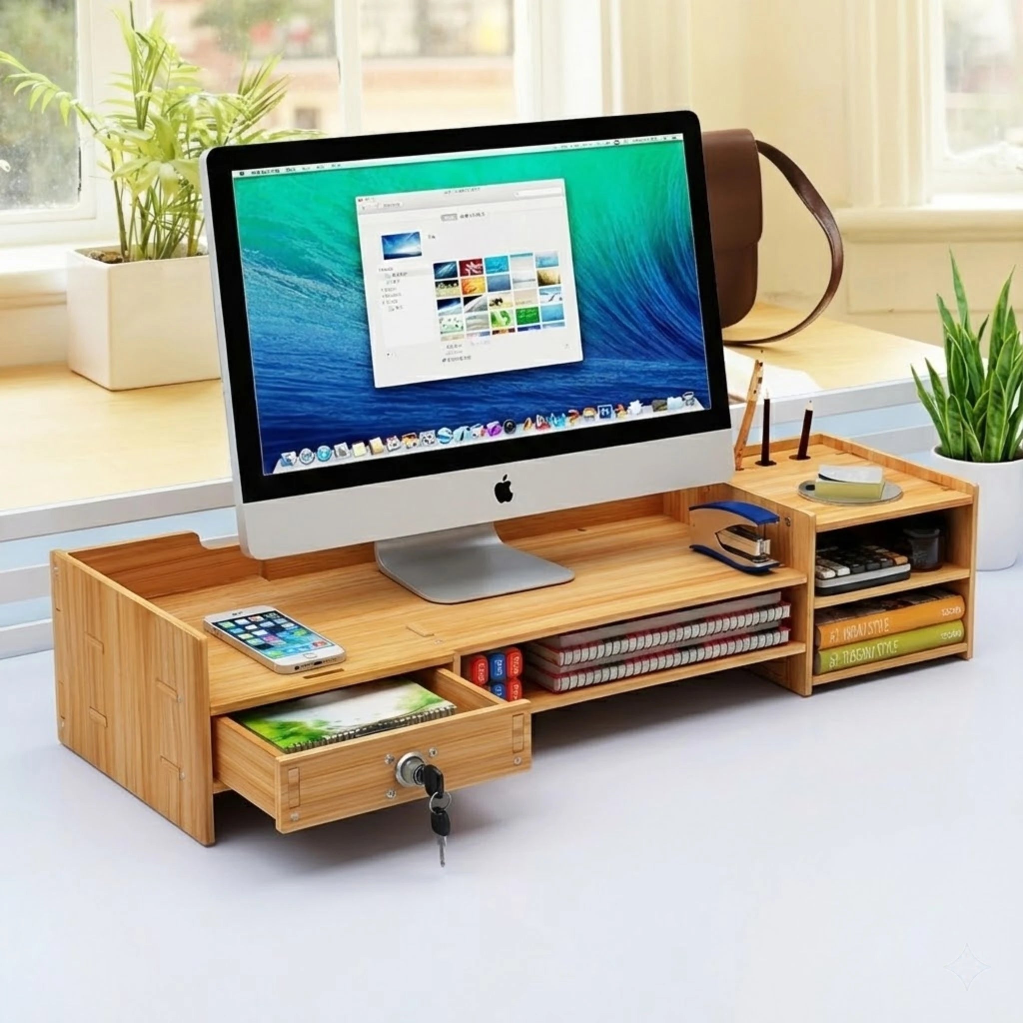 Wooden Desk Organizer Home Office Monitor Stand Riser with Lockable Drawer and Cable Management