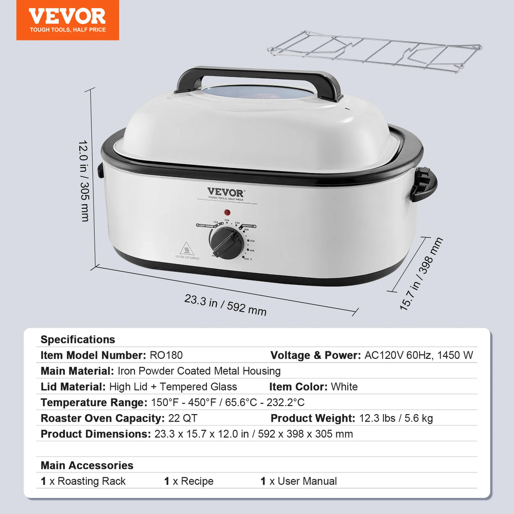 Electric Roaster Oven 24 QT Turkey Roaster Oven with Self-Basting Lid 1450W Roaster Oven Defrost&Warm Function Silver