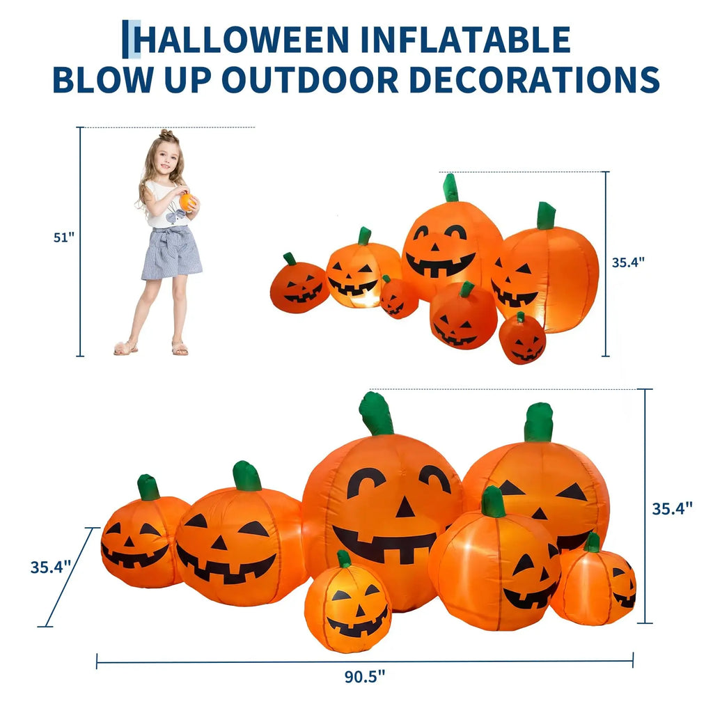 7.5FT Halloween Inflatable Pumpkin Patch With LED Lights, 7 Jack-O-Lantern Blow Up Decor For Outdoor Yard Lawn Thanksgiving Fall