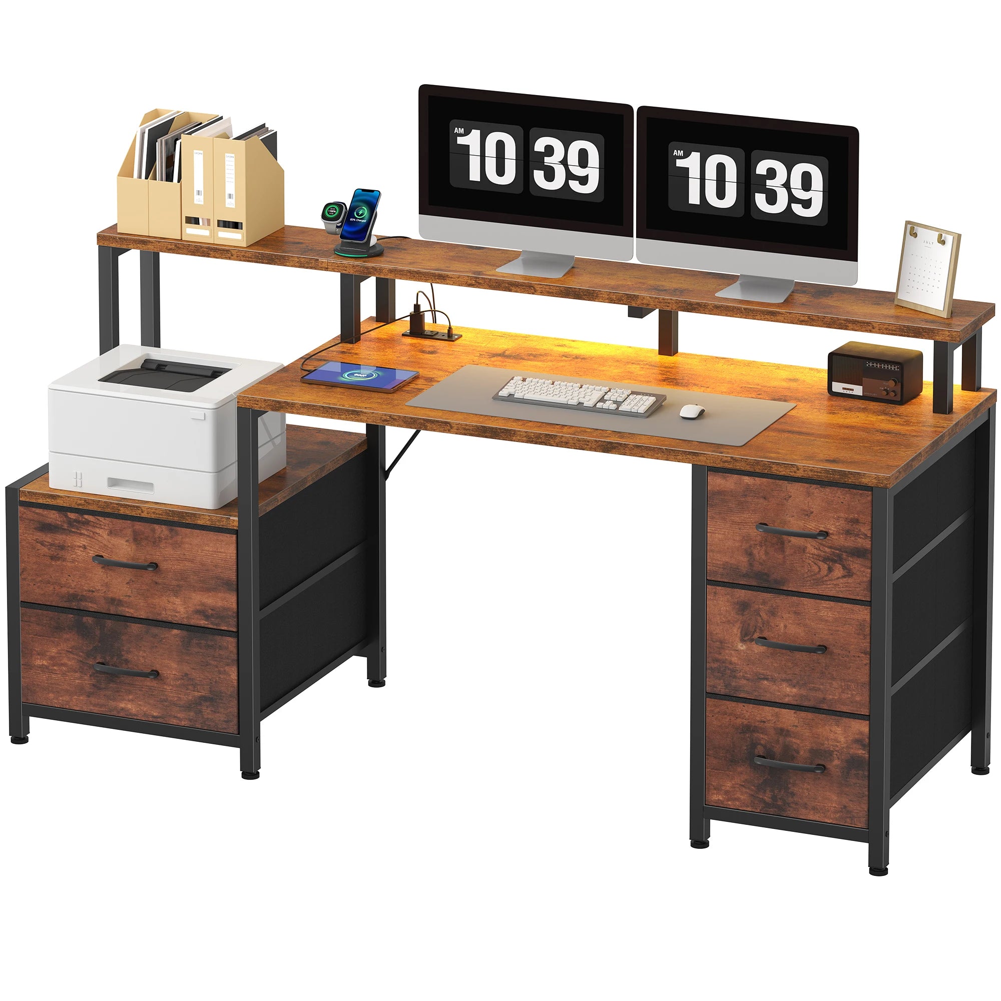 67In Gaming Computer Desk with 5 Storage Drawers, LED Lights, Power Outlets