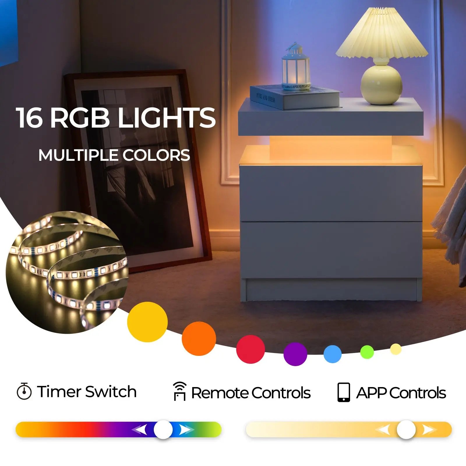 2 LED Nightstand with 2 Drawers