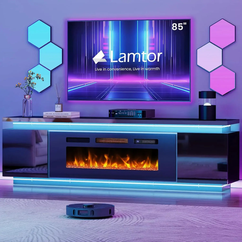 Fireplace TV Stand with LED Light, 4 AC Power Outlets
