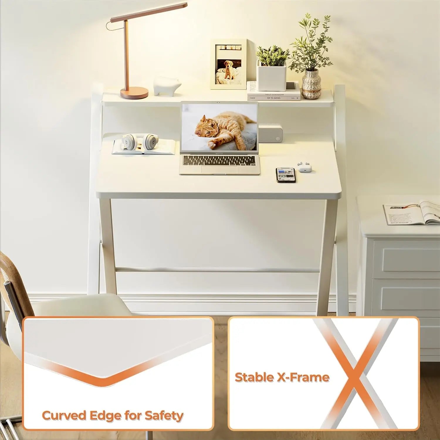 2-Tier Compact Computer Table with Shelf, Space Saving Foldable for Home Office or Dorm, White