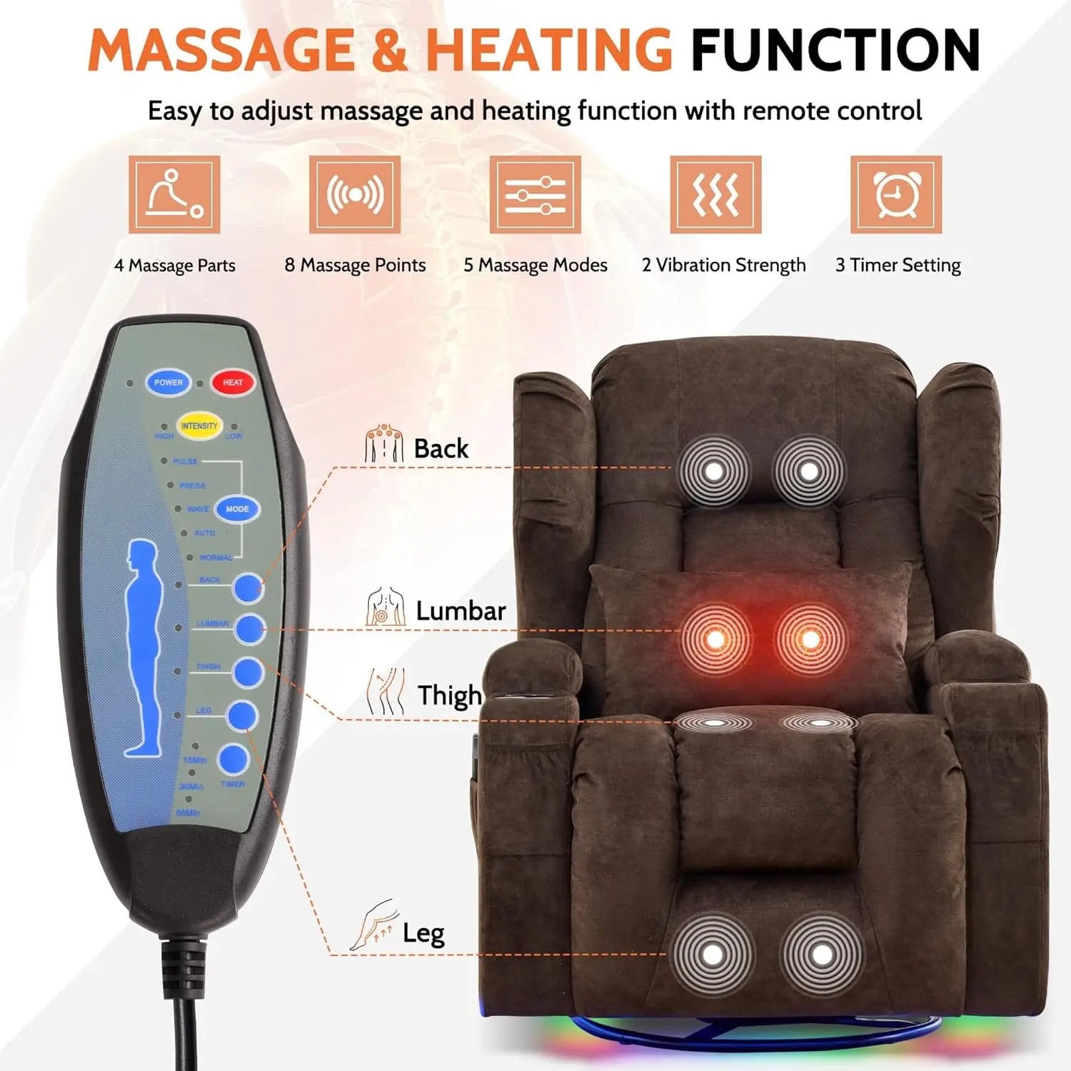 Dual Motor Power Swivel Rocker Recliner Chair with Massage & Heat