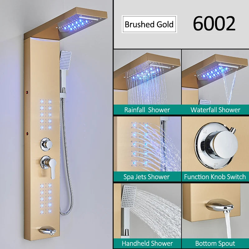 Black LED Shower Panel Tower System, Rain Waterfall Massage Body Spa