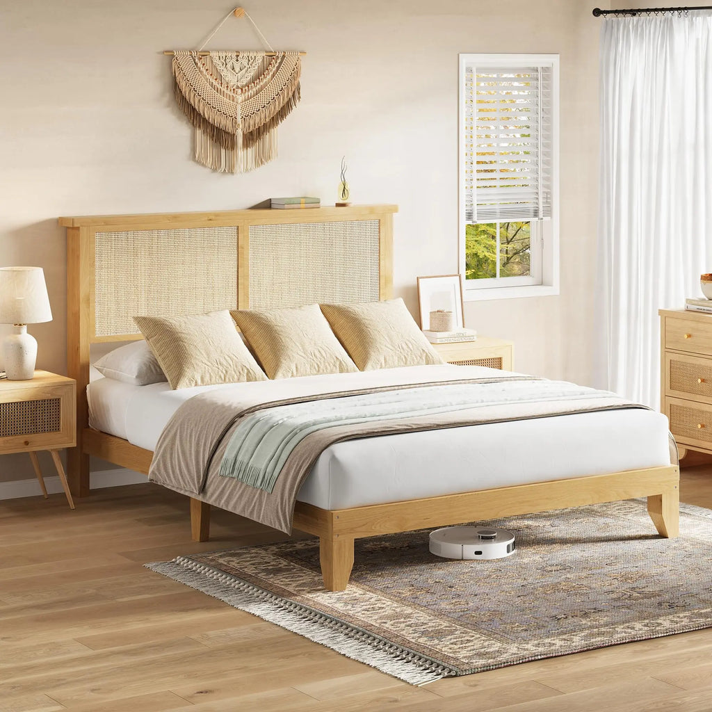 Boho Style Rattan Bed Frame with Natural Headboard & RGB LED Lights - Storage Headboard, Plain Wood Platform, Noise-Free Slats, No Box Spring Needed