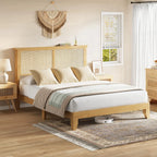 Boho Style Rattan Bed Frame with Natural Headboard & RGB LED Lights - Storage Headboard, Plain Wood Platform, Noise-Free Slats, No Box Spring Needed