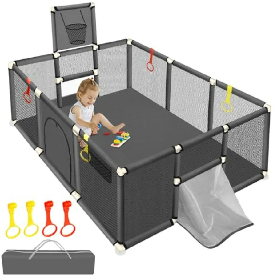 74''×50'' Play Pen for Toddlers with Basketball Hoop Soccer Nets