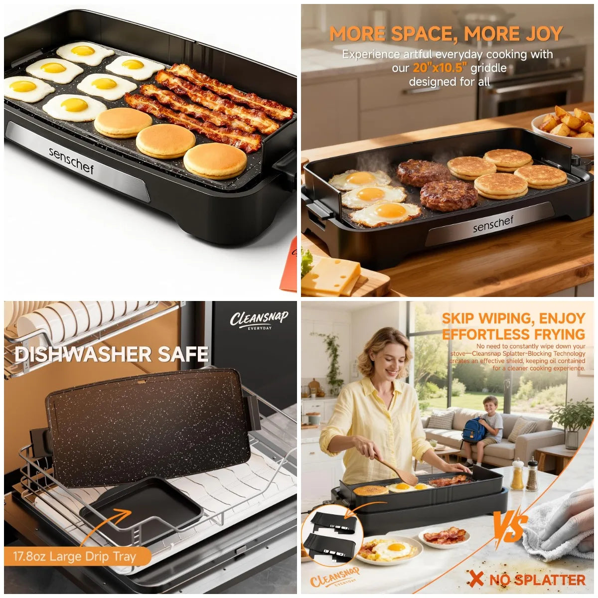 Cleansnap 20-inch Electric Griddle Nonstick Grill with Foldable Anti-MShield 1700W Fast Heating for Everyday Use