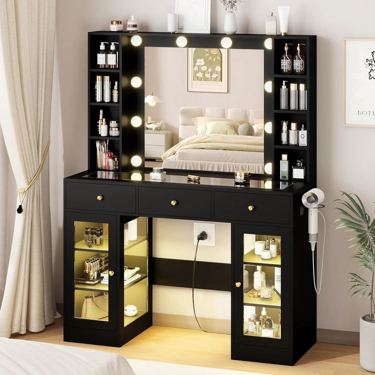 Glass Top Vanity with Lighted Mirror & RGB Glass Cabinet and 3 Drawers