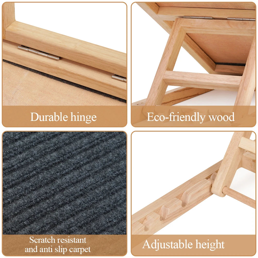 Dog Ramp, Natural Pine Wooden Lightweight Folding Anti-skid Adjustable 2 Height Climbing Ramp