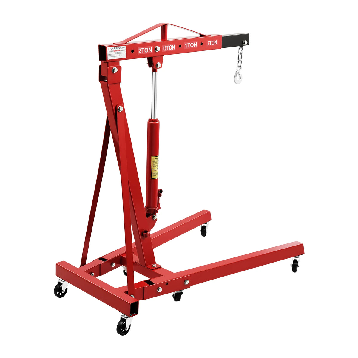 2T/4409lbs Folding Hydraulic Powered Engine Hoist Carbon Steel with 6 Iron Caster Wheels 0-6.89ft Lifting Height Range
