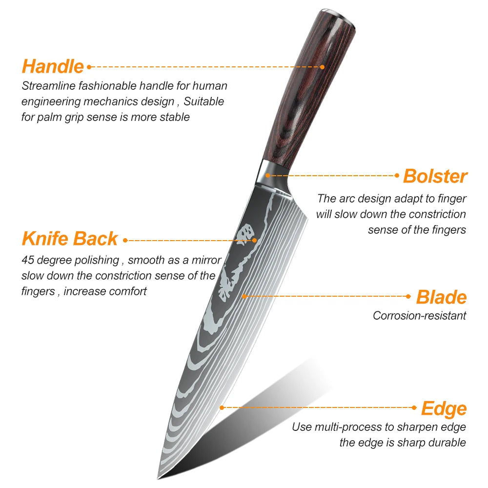 8/10pcs Kitchen Knives Set, Laser Damascus Pattern