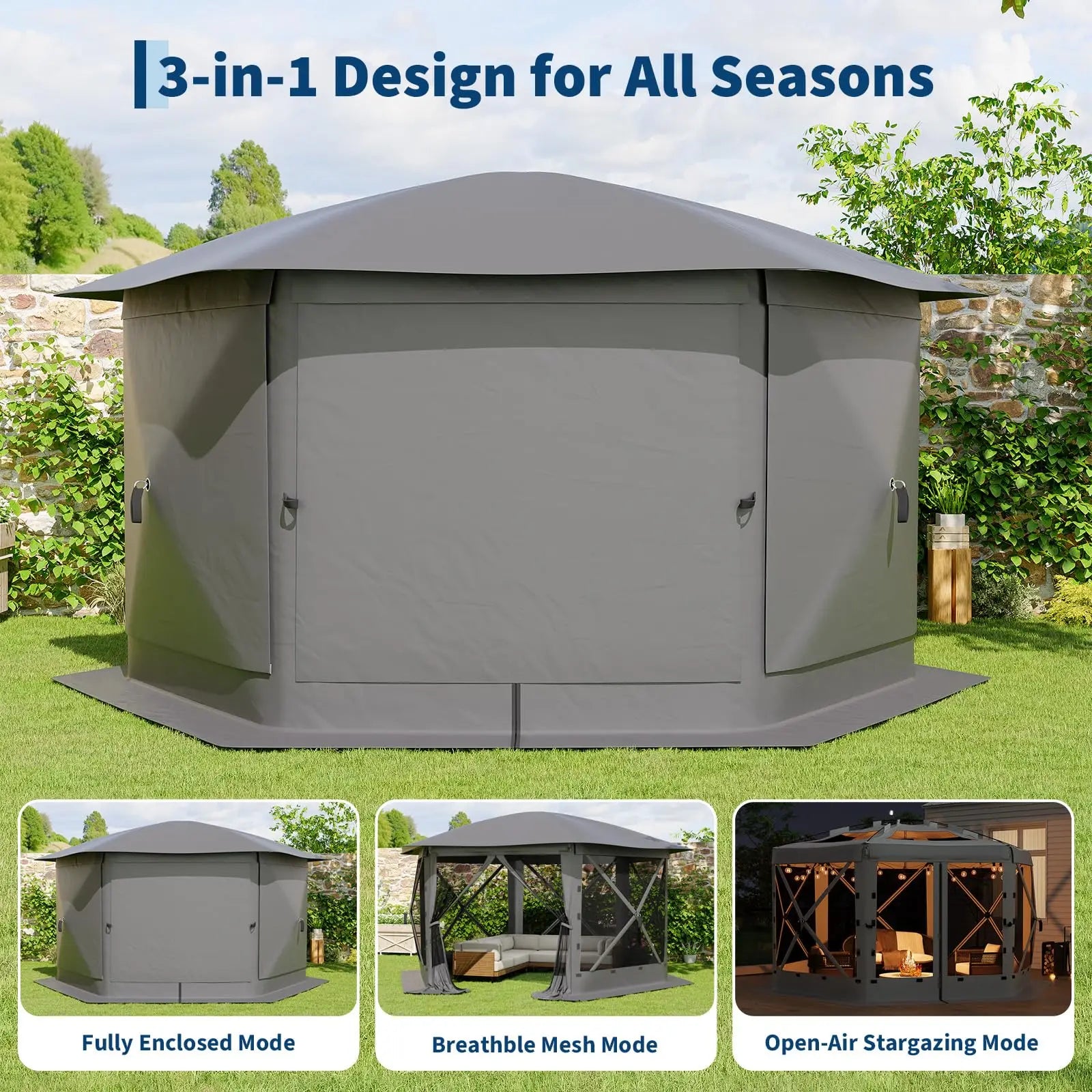 13FT Pop Up Gazebo 6-Sided Outdoor Canopy Tent With Mosquito Netting Removable Roof Wind Sidewalls