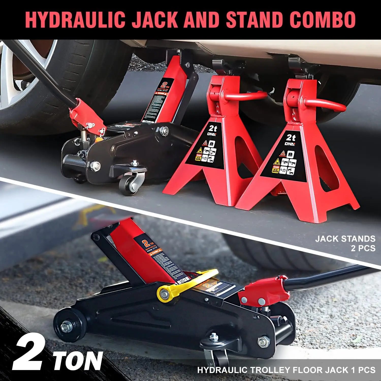 Low Profile Hydraulic Floor Jack Combo with 2 Ratchet Jack Stands, 2 Ton (4000 lbs) Capacity