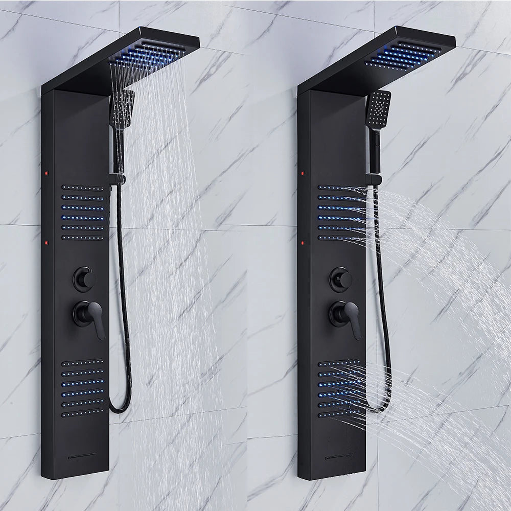 Black LED Shower Panel Tower System, Rain Waterfall Massage Body Spa