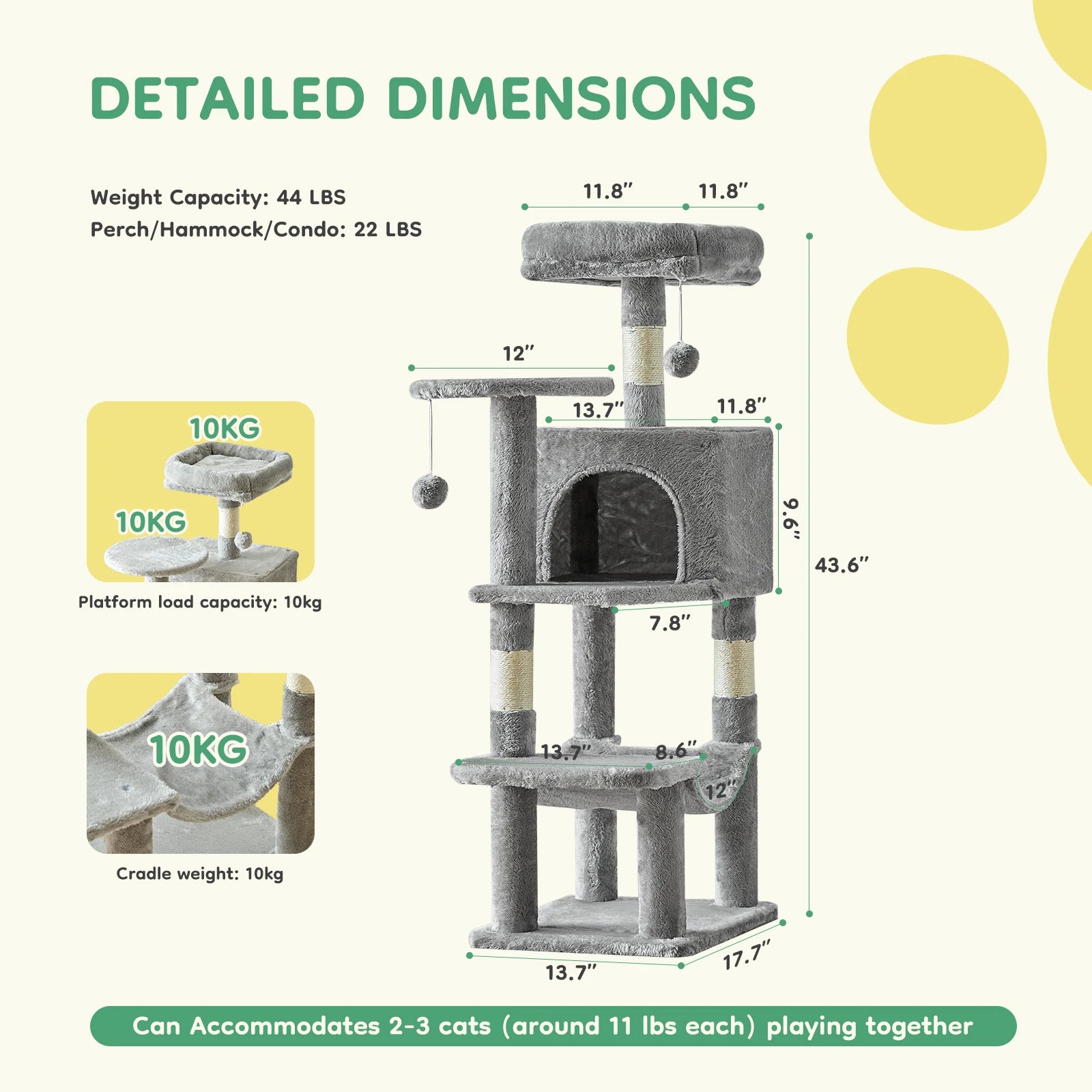 44In Tall Multi-Cat Climbing Tower for Indoor Cat