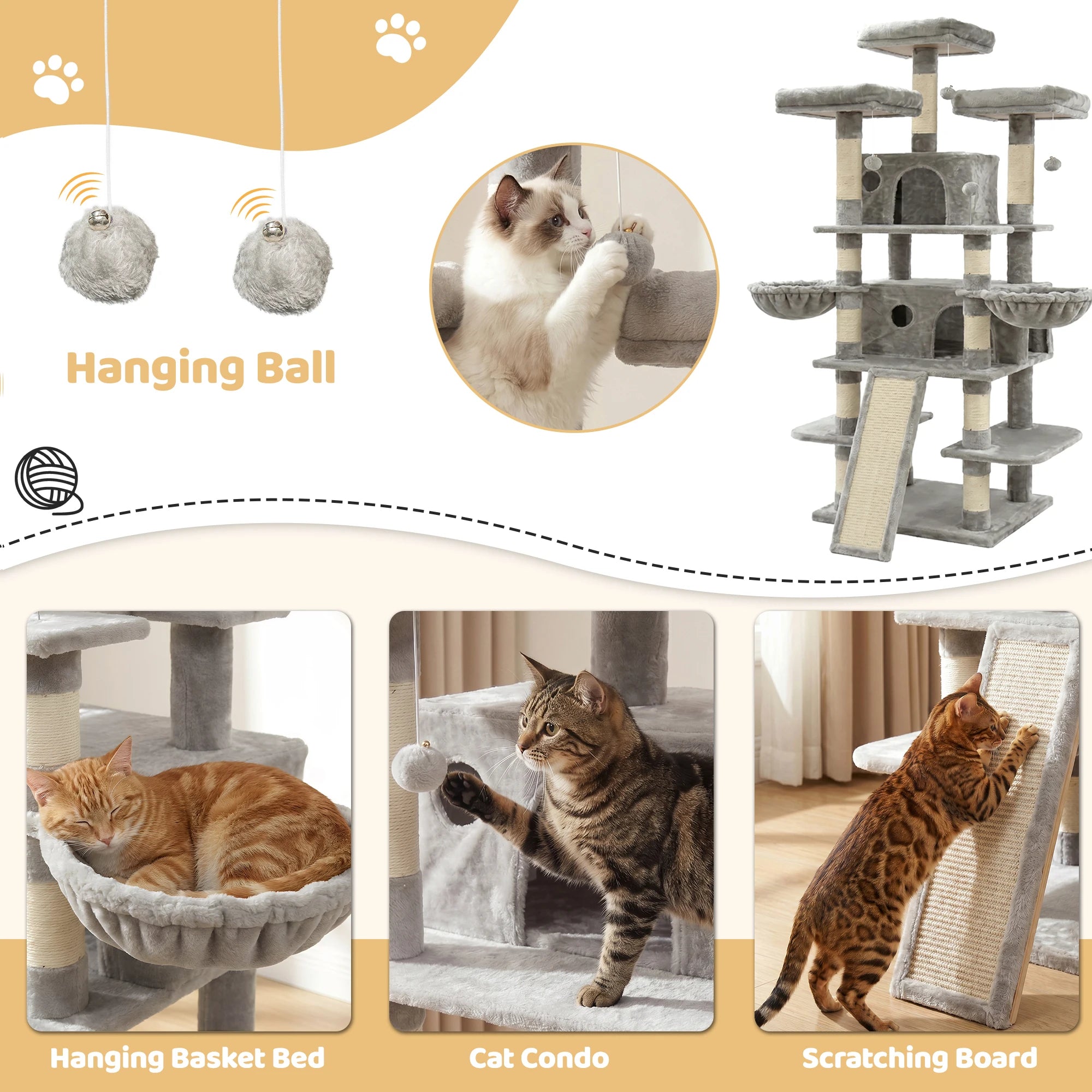 68in Large Multi Level Cat Tree Tower Indoor Activity Center 2 Condos 3 Plush Perches Scratching Post