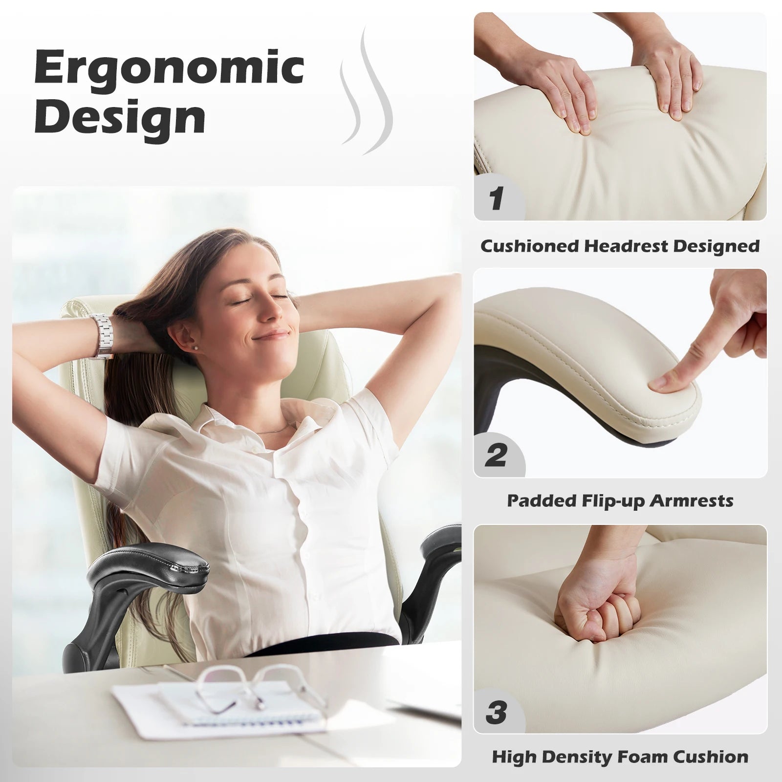 Ergonomic Heavy Duty Desk Chair with Flip-up Arms PU Leather Adjustable Swivel Rolling