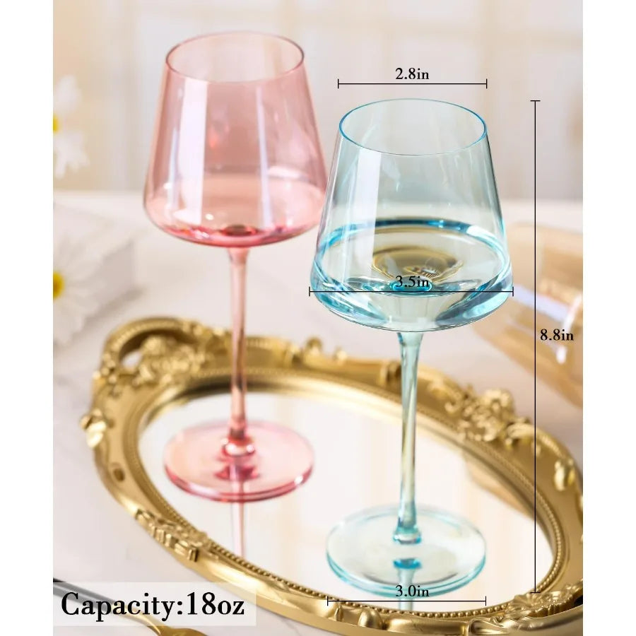 Set of 6,16oz Hand Blown Crystal Colorful Wine Glasses with Long Stem