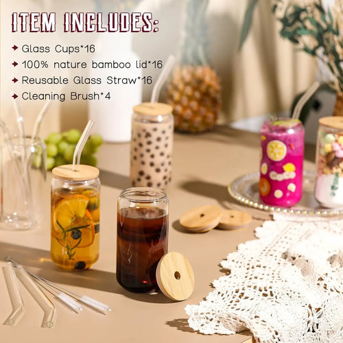 16 Pack Customizable Glass Cups with Lids & Straws, 16 oz Tumblers for Iced Coffee, Tea, Homemade Drinks