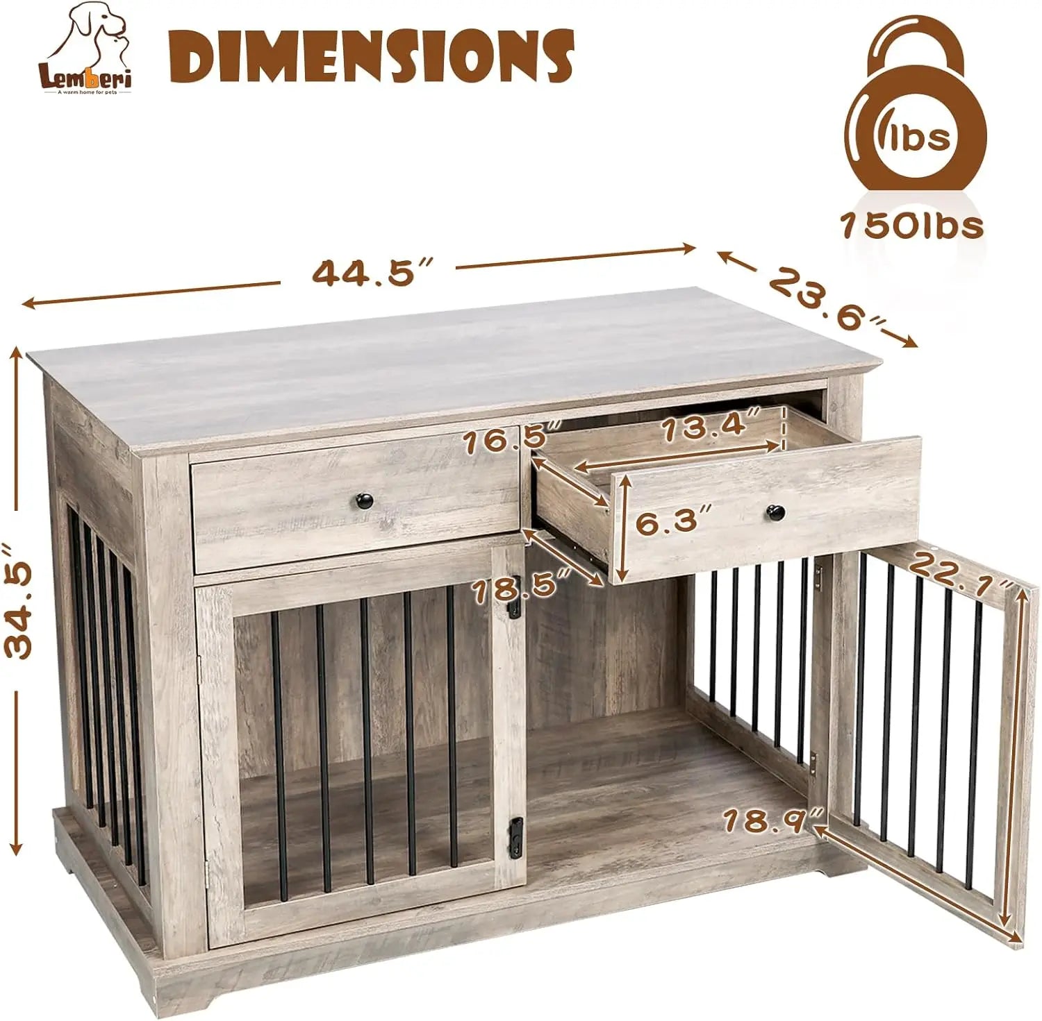 44 Inch Large Dog Crate Furniture with 2 Storage Drawers