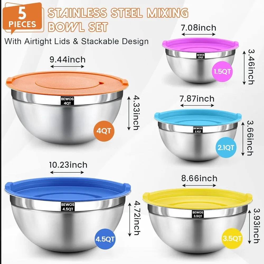 5-piece stainless steel mixing bowl set with 3 grater attachments, suitable for baking and serving food