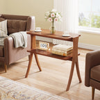 Narrow End Table with 2-Tier Storage Shelf and Solid Wood Legs, Slim Bedside Table