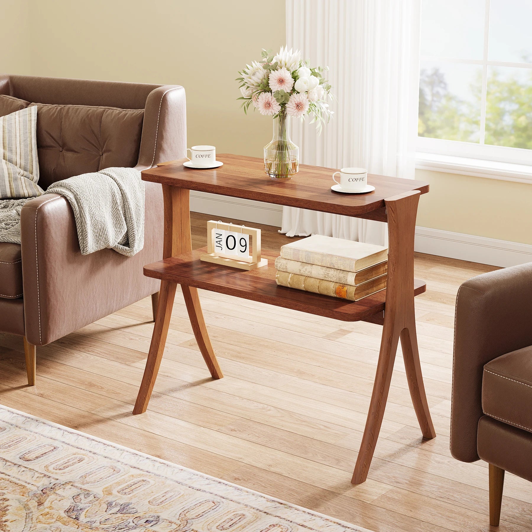 Narrow End Table with 2-Tier Storage Shelf and Solid Wood Legs, Slim Bedside Table