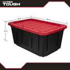 (6 pack/ 4pack) Large Storage Bin, 27 Gallon Plastic Storage Container with Snap-On Lid, Black and Red