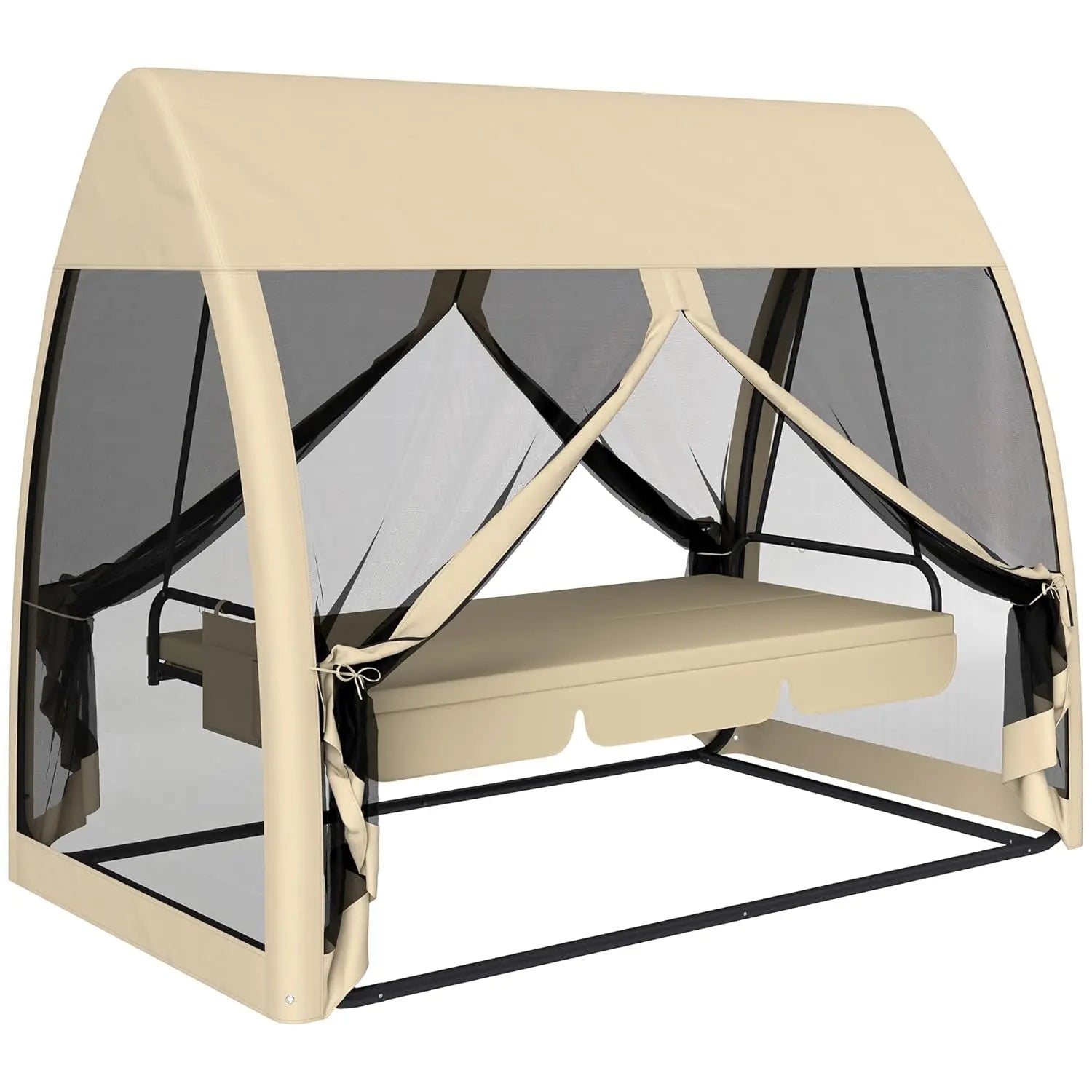 3-Seat Outdoor Porch Swing Bed with Convertible Backrest Cushion Canopy