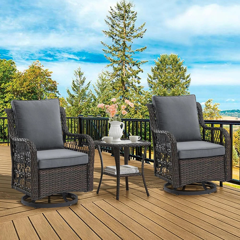 3-Piece Wicker Swivel Rocking Patio Set, 2 Chairs & Glass Table