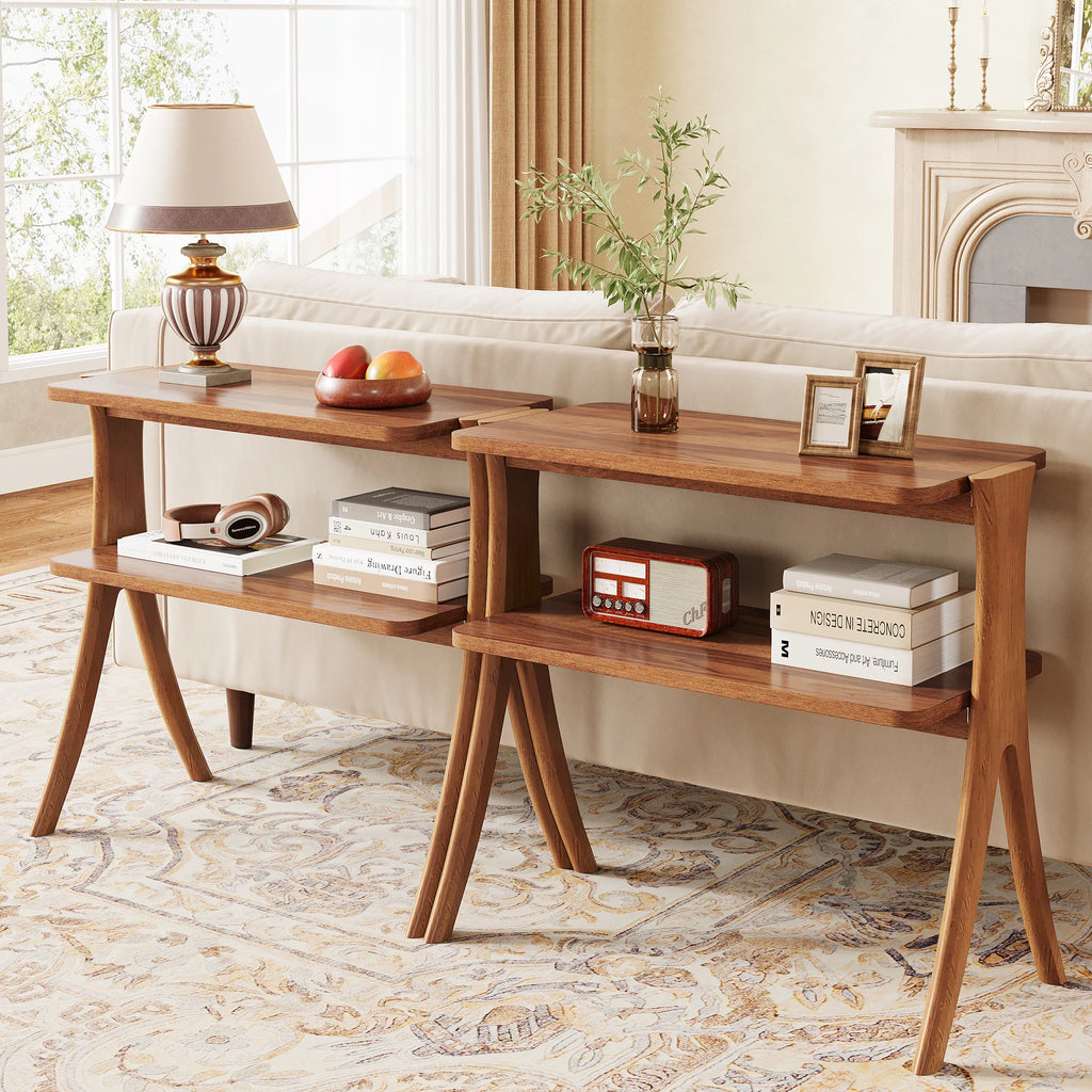 Narrow End Table with 2-Tier Storage Shelf and Solid Wood Legs, Slim Bedside Table