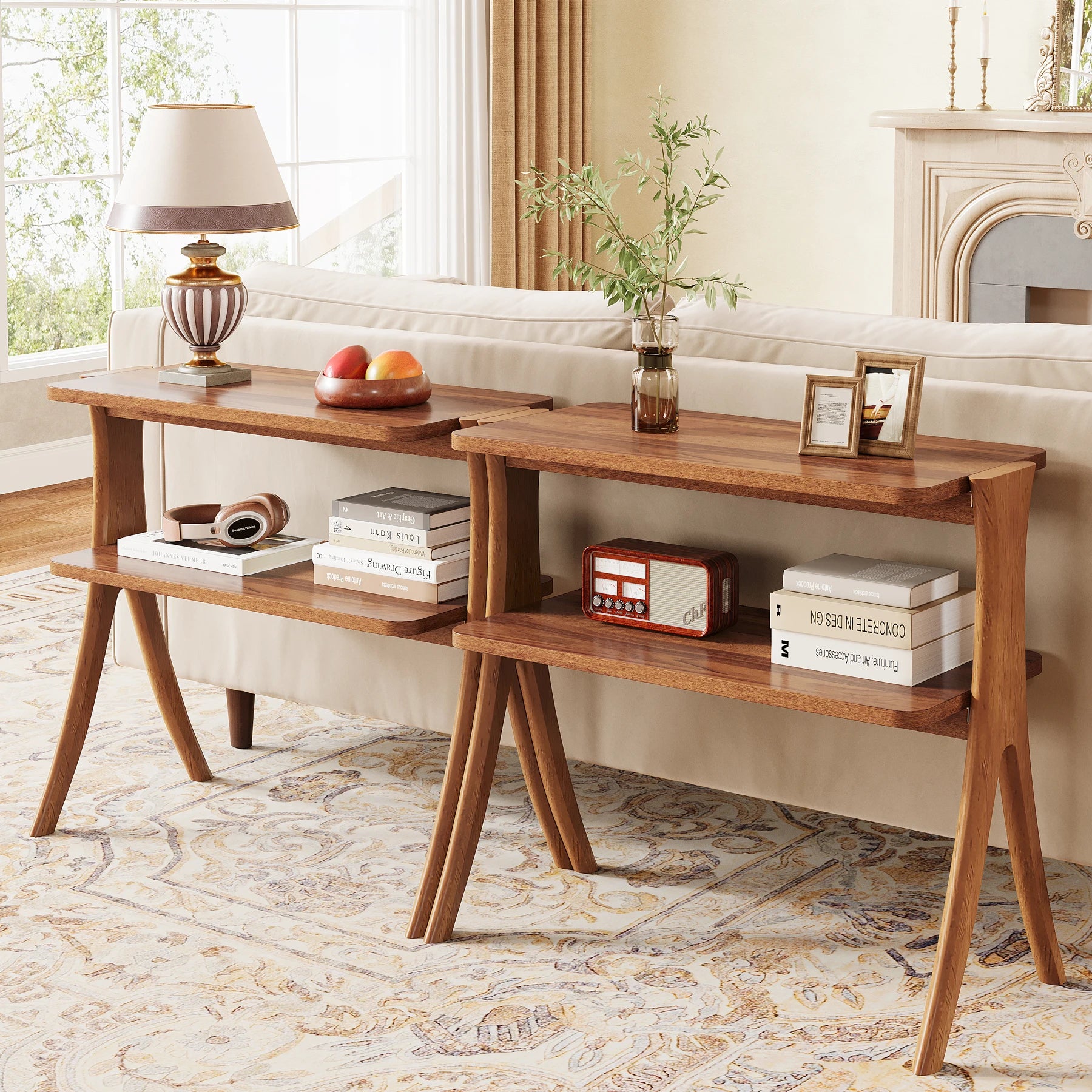 Narrow End Table with 2-Tier Storage Shelf and Solid Wood Legs, Slim Bedside Table