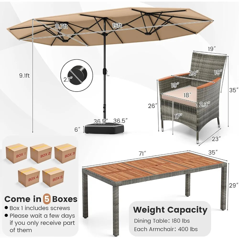 10 Pieces Patio Wicker Dining Set w/Double-Sided Patio Umbrella