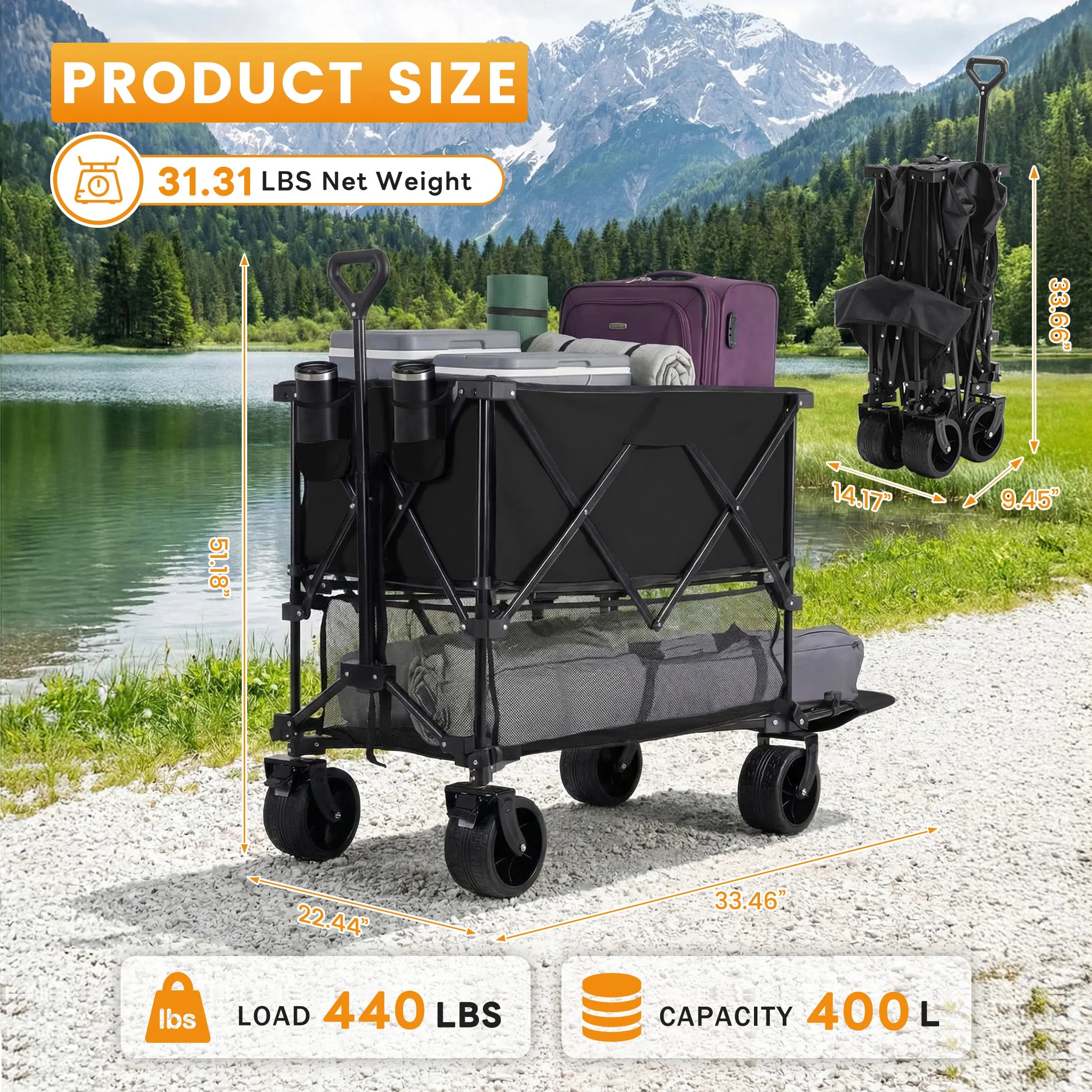 Outdoor Double Decker Wagons Cart 440 lbs Large Capacity Collapsible Foldable Cart for Grocery Garden Camping