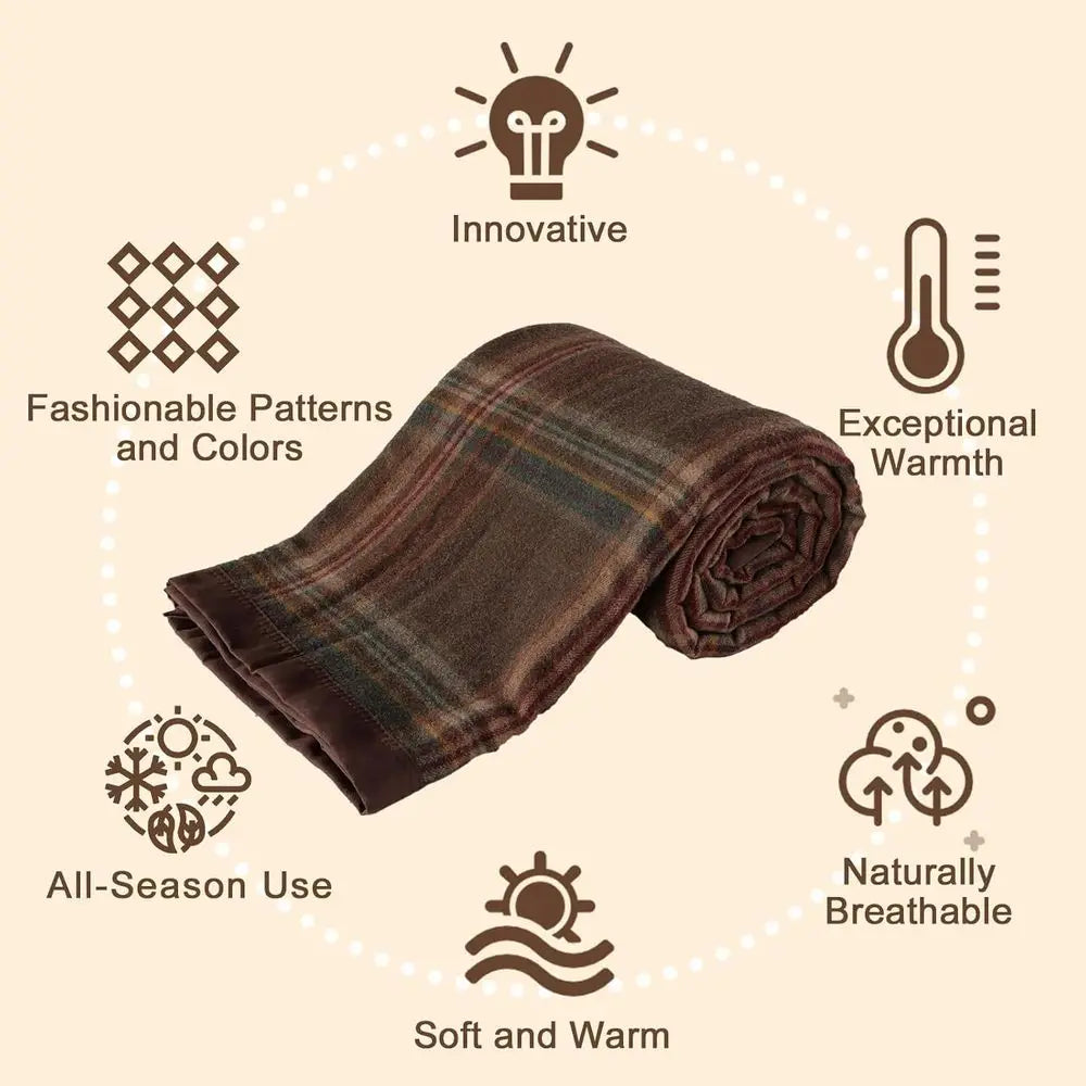 Blanket Hypoallergenic Wool Blanket for Bed, Medium Weight, Plaid