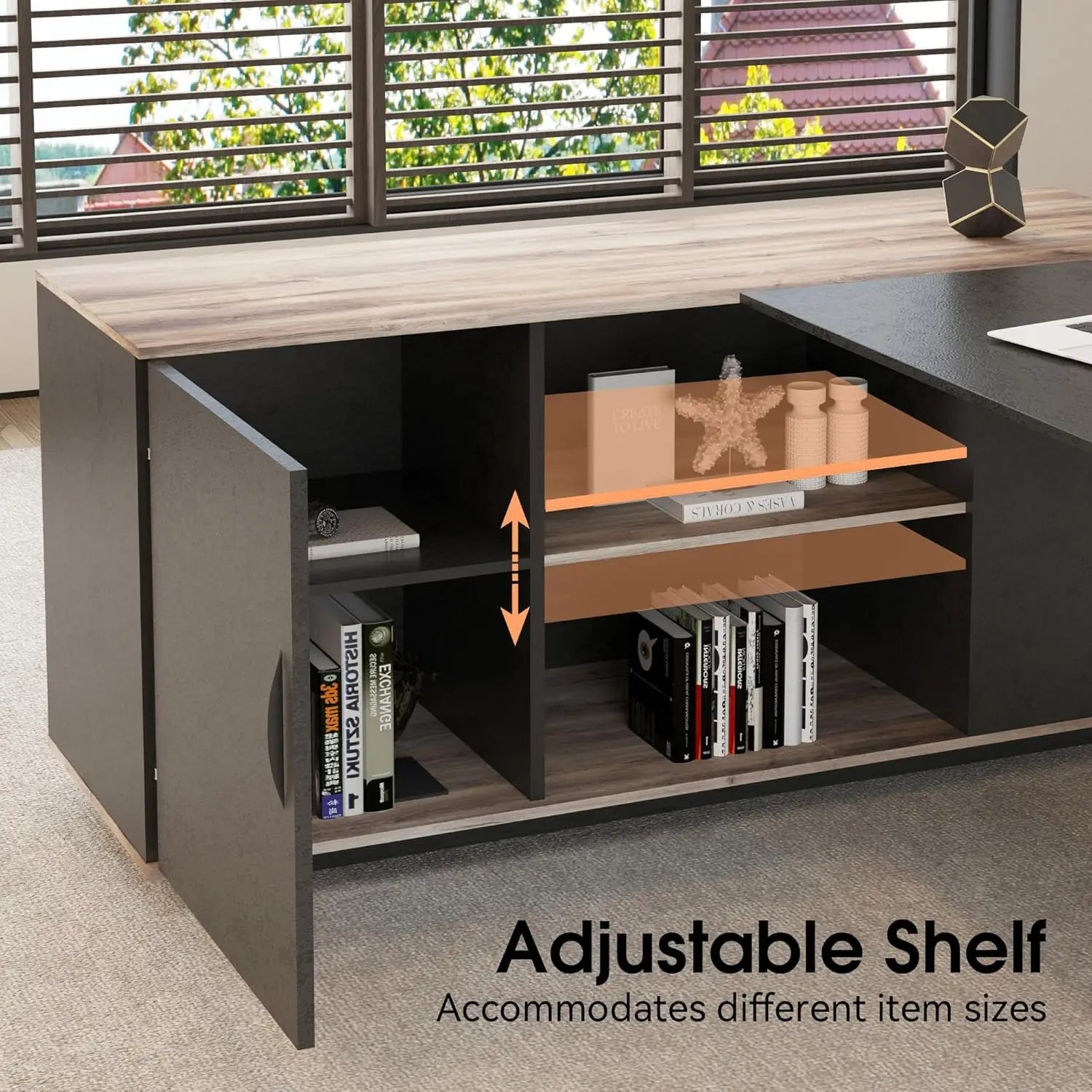 63in L-Shaped Executive Desk with 47" lateral File Cabinet/Storage Shelves