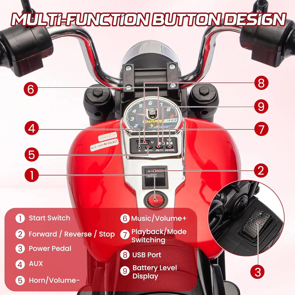 12V Battery Powered Kids Electric Motorcycle 3-Wheel Ride On Toy w/Training Wheels,Reverse,Headlight,Horn,Music,for Toddlers 3-6