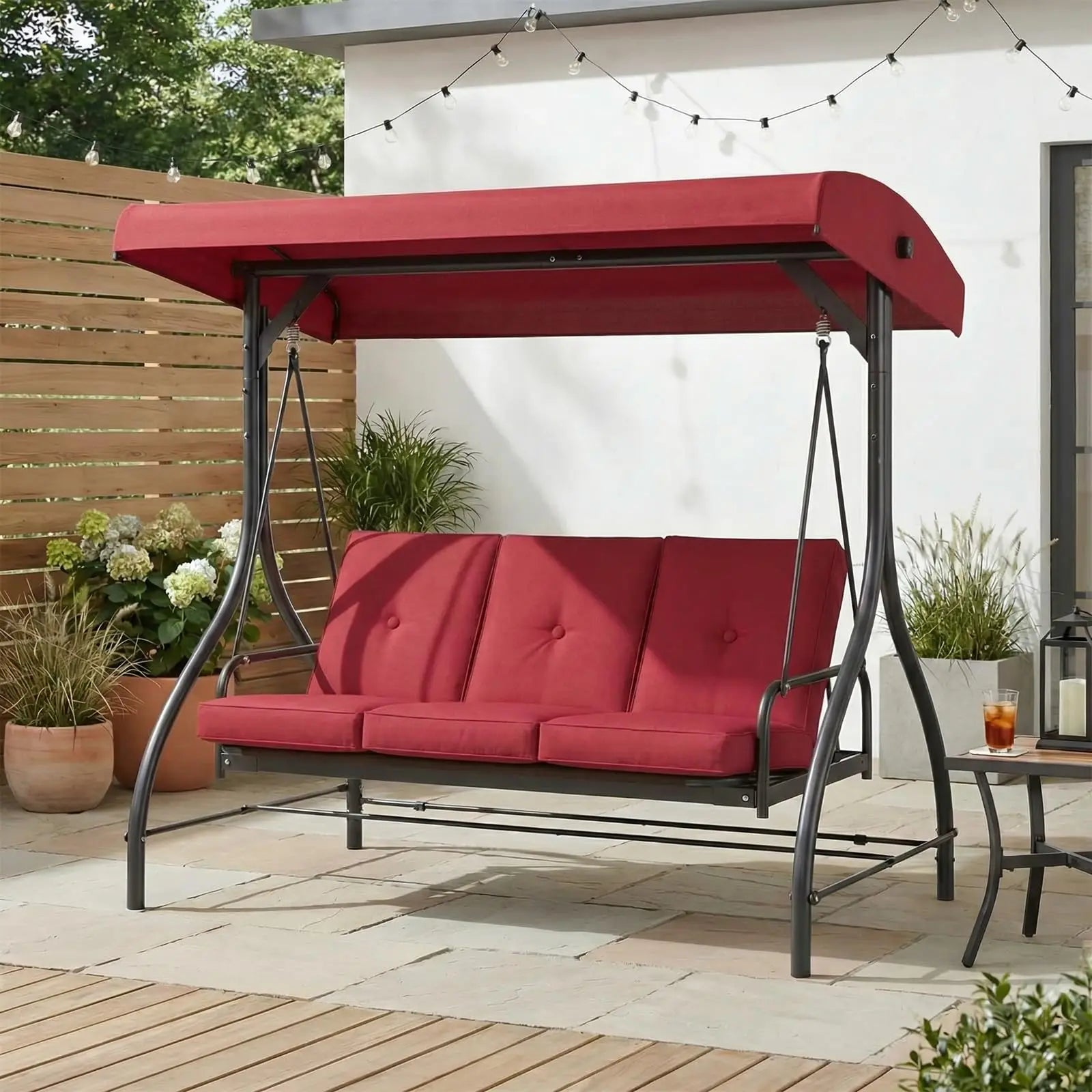 3-Seat Patio Swing with Adjustable Canopy, Backrest , Converting Bed, Thickened Removable Cushions, Up to 750LBS