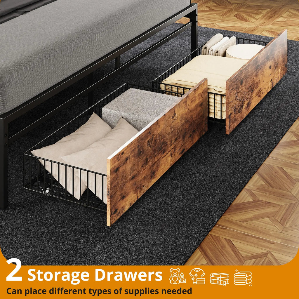 California King Size Bed Frame, Storage Headboard with Charging Station, Platform Bed with Drawers, No Box Spring Needed