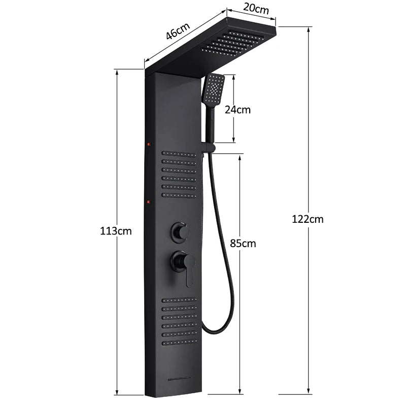 Black LED Shower Panel Tower System, Rain Waterfall Massage Body Spa