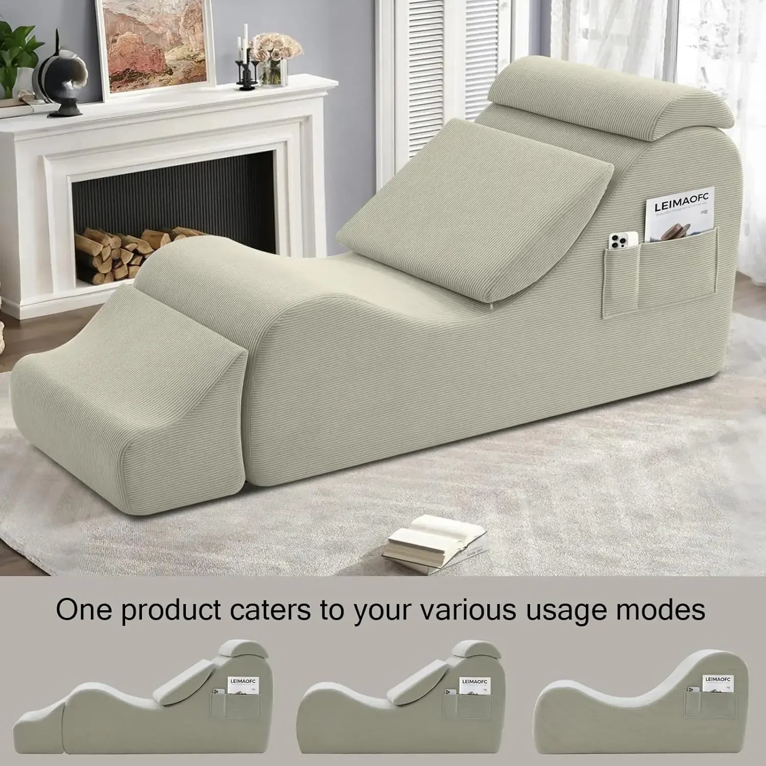 Yoga Chair Lounge for Adult, Ergonomic Chaise Lounge Chair with Side Pocket, Headrest, Waist Pad, Ottoman，Perfect for Stretching