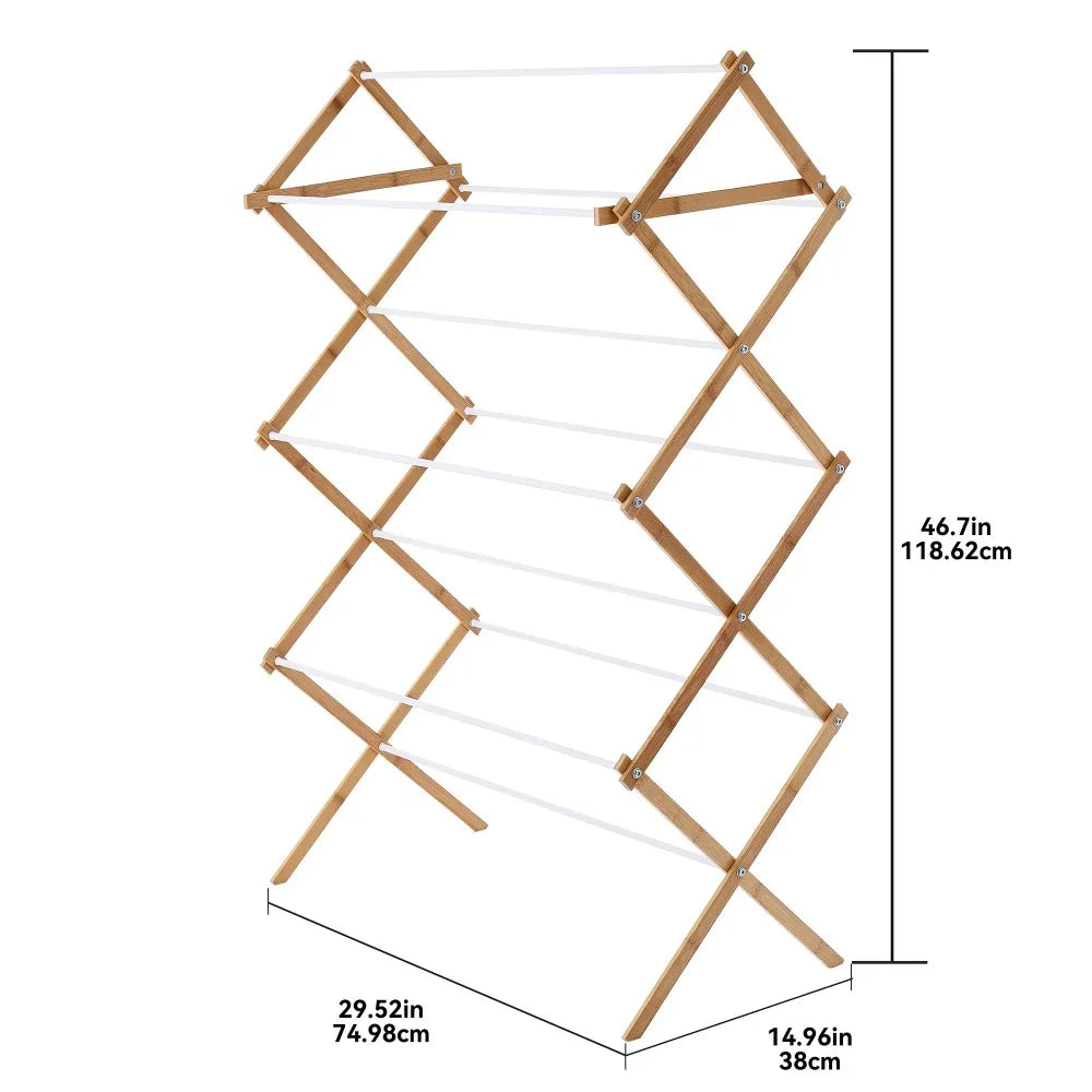 Foldable Bamboo Clothes Drying Rack Collapsible Space Saving Indoor Outdoor